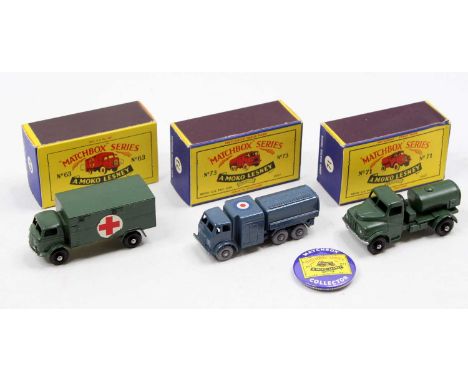 Matchbox Lesney boxed model group of 3 comprising No. 73 RAF Refueller, No. 71 Army Water Truck with collectors badge, and No
