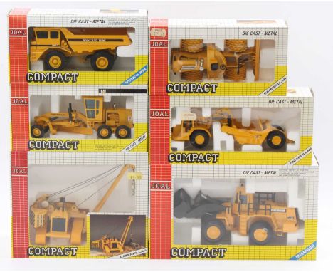 6 various Joal Compact mixed scale earth moving and construction diecasts, with examples including No. 218 Caterpillar 825B C