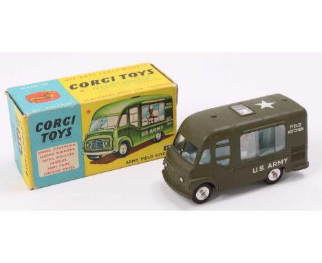 Corgi Toys No. 359 Army Field Kitchen, comprising military green body with spun hubs, standing figure, with blue interior, ho