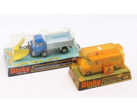 Dinky Toys bubble pack group of 2 comprising No. 39 Ford D800 Snowplough and tipper truck, metallic blue cab, light blue back