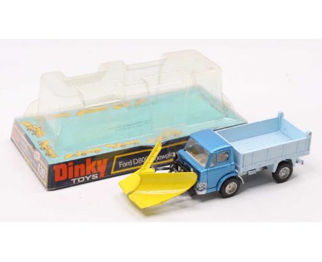 Dinky Toys, 439, Ford D800 Snow Plough and Tipper Truck, metallic blue cab, with light blue back, yellow plough and silver hu