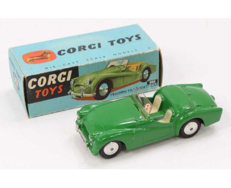 Corgi Toys, 301 Triumph TR2 Sports Car, green body with cream seats, flat spun hubs, in the original blue ground card box (NM