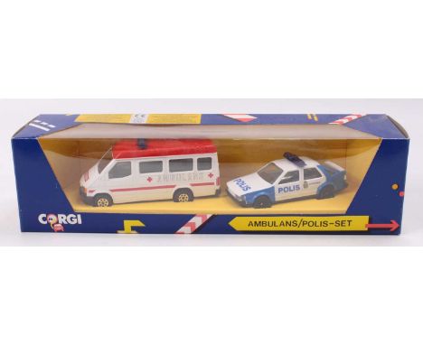 Corgi Toys C19/8 Ambulance and Polis Gift Set, comprising Abulans and a Stockholm Polis Car, both housed in the original wind