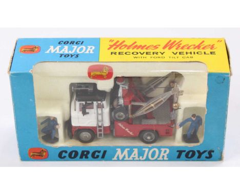 Corgi Toys No. 1142 Holmes Wrecker truck, red, white and grey body with grey twin booms, ladder on tilt cab, 2 figures, 2 spa