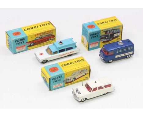 Corgi Toys boxed model group of 3 emergency vehicles comprising No. 464 Commer Police Van with flashing light, No. 437 Superi