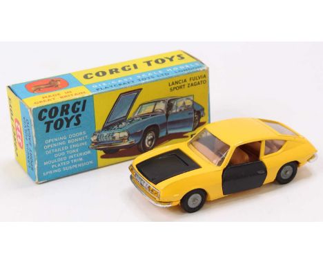 Corgi Toys No. 332 Lancia Zagato Fulvia, yellow body with black bonnet and black doors, brown interior, in the original blue 