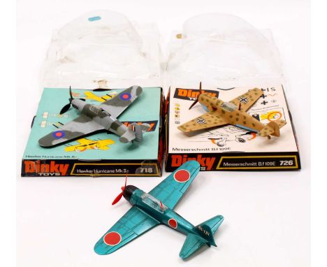 Dinky Toys bubble packed aircraft group, 2 examples comprising No. 718 Hawker Hurricane Mk 2c, and No. 726 Messerschmitt BF 1