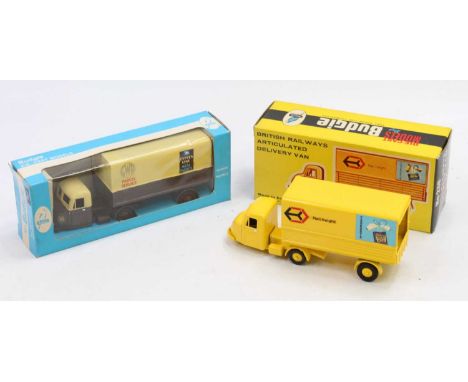 Budgie Toys boxed group of 2 comprising No. 238 Scammell Scarab van, yellow body and trailer, black tyres with 'Rail Freight'