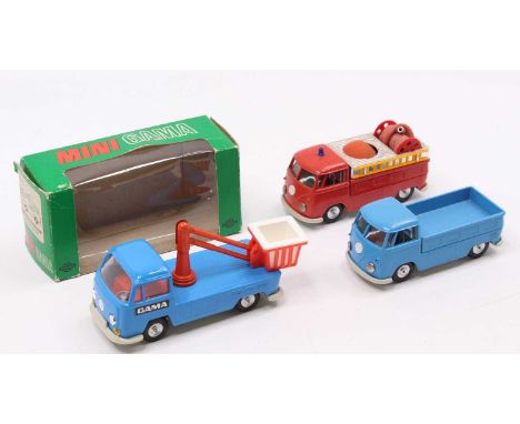 Gama Mini Models 1/43rd scale group of 3 Volkswagens comprising an open back pick-up truck, a fire truck, and a boxed flatbed