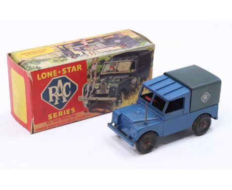 A Lone Star Series RAC Land Rover, blue body, with tinplate rear tilt, red steering wheel, with driver figure, and rubber tyr