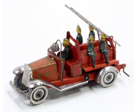 George Fischer Germany tinplate and clockwork Fire Engine comprising a red printed body, with unpainted wings, running boards