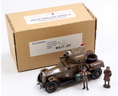 A Heco Tinplate Models No. 22 Rolls Royce Armoured Car comprising a military brown body, with War Department and Warrior deca