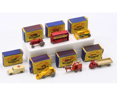 Matchbox Lesney boxed model group of 7, with examples including No. 4 Massey Harris Tractor, No. 5 London Bus, No. 10b Scamme