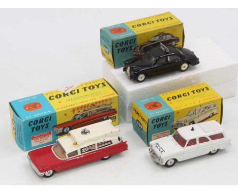 Corgi Toys boxed model group of 3 emergency vehicles comprising No. 209 Riley Pathfinder Police Car, No. 437 Superior Ambulan