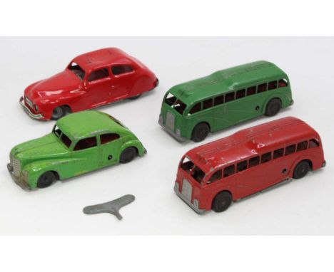 Mettoy and Chad Valley clockwork and diecast model group of 4 comprising 2x Mettoy Streamlined Buses, and a Saloon Car, toget