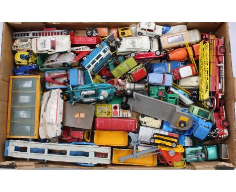 A tray containing a good selection of play-worn Corgi, Dinky and Matchbox Toys, with examples including a Corgi No. 266 Chitt