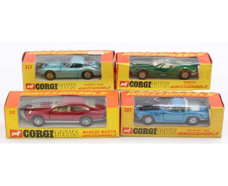 Corgi Toys Whizzwheels boxed group of 4 comprising No. 377 Marcos 3 Litre, No. 301 Iso Grifo 7 Litre, No. 203 Mangusta De Tom