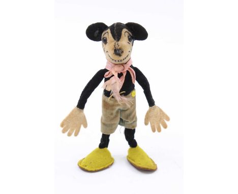 A Deans Rag Company 1930's Mickey Mouse comprising a black velvet body, blue shorts, yellow shoes with leather pads, pink sca