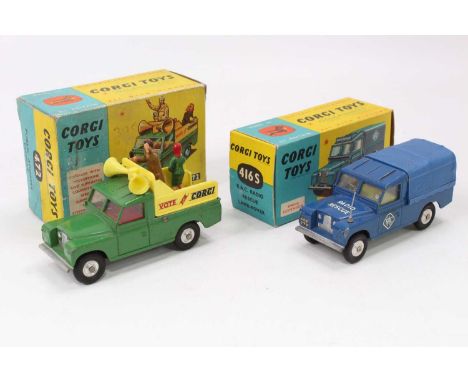 Corgi Toys boxed Land Rover pair comprising No. 472 Public Address Vehicle "Vote for Corgi", green body with yellow back and 