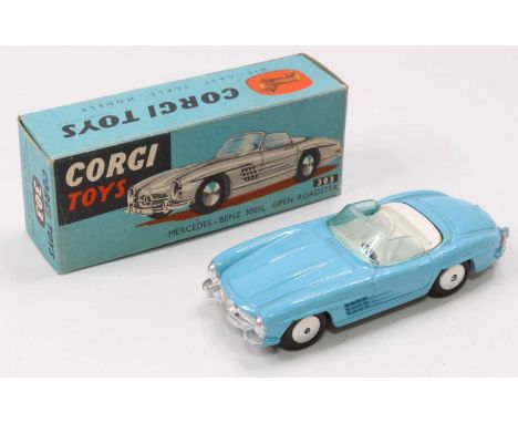 Corgi Toys No. 303 Mercedes Benz 300SL open roadster, comprising of light blue body with white interior, complete with flat s