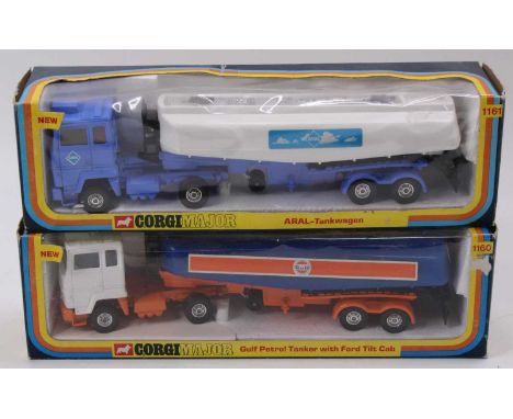 2 Corgi Major Toys boxed petrol tankers comprising No. 1160 Ford Tilt Cab Petrol Tanker in orange, white and blue, with 'Gulf