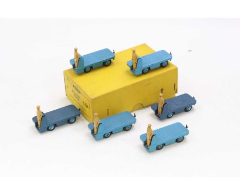 A Dinky Toys No. 14A electric truck trade box containing six various examples, all finished in light blue and dark blue with 