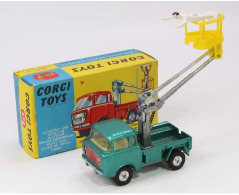 Corgi Toys, 478 hydraulic tower wagon, metallic blue/green body with red interior and grille, yellow platform area with figur