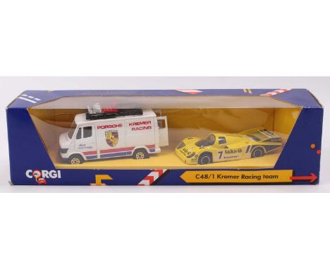 Corgi Toys C48/1 Kremer Racing Team Gift Set, comprising of yellow Taka-Q Porsche Racing Car, and a Kremer Racing Mercedes Va