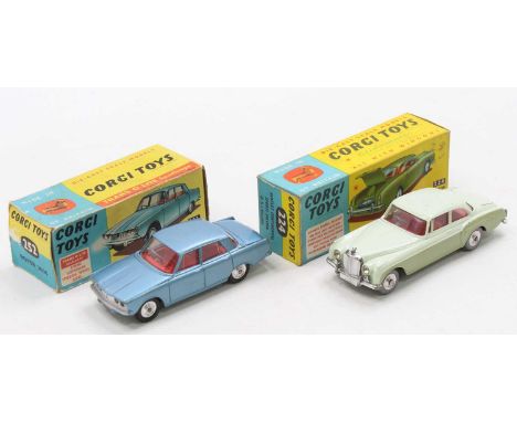 Corgi Toys boxed model group of 2 comprising No. 252 Rover 2000, metallic blue body with red interior and spun hubs, housed i