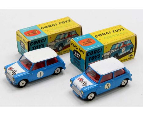 Corgi Toys No. 227 Morris Mini Cooper competition model pair, comprising of blue and white body with red interior and racing 