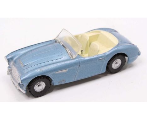 Spot-On by Triang No.105 Austin Healey 100-6 saloon comprising of light metallic blue body with cream interior, white plastic