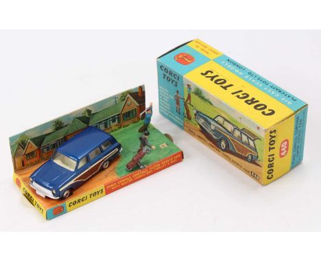 Corgi Toys No. 440 Ford Consul Cortina Super Estate in metallic dark blue, with a white interior, and brown side panels, with