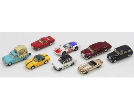 Collection of 8 various loose Corgi Toys to include Sunbeam Imp Police Car, Walls Ice Cream Van, Volvo P1800 in plum red, and