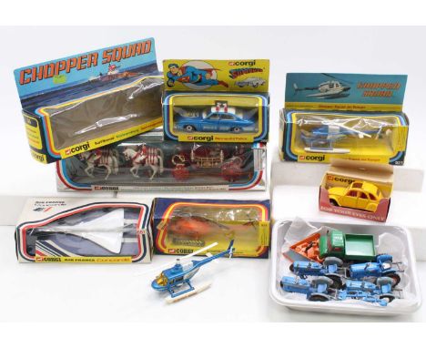 A mixed collection of Corgi Toys, with examples including No. 651 Air France Concorde, No. 260 Superman Metropolis Police Car