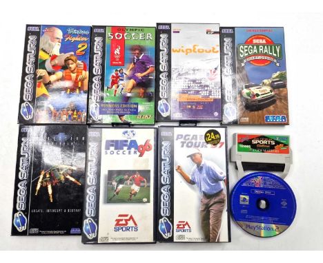 A group of 7 Sega Saturn console games comprising Sega Rally Championship, PGA Tour 97, Virtua Fighter 2, US Gold Olympic Soc