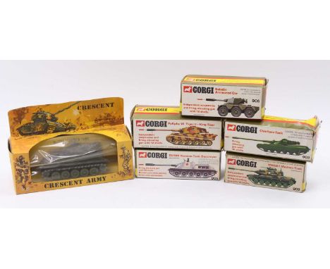 Corgi Toys and Crescent Toys boxed military group of 6 comprising No. 902 M60A1 Medium Tank, No. 903 Chieftain Tank, No. 904 