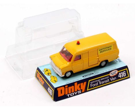 Dinky Toys No. 416 Ford Transit Van, yellow body, with a red interior, red roof light, and 'Motorway Services' labels, comes 