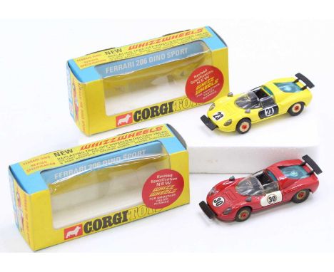 Corgi Toys No. 344 Ferrari 206 Dino Sport boxed pair, with the first in yellow, with black doors, and red spot wheels (E-BE),