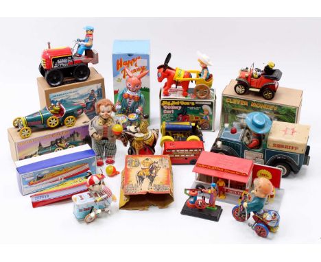 A collection of mixed mostly modern issue tin plate and novelty toys, with examples including a boxed Bugatti T-35 Racer, a H