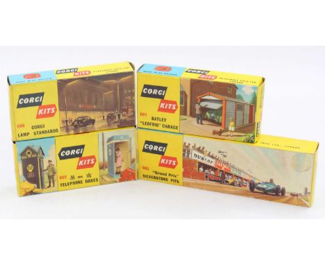 Corgi Toys Kits group of 4 comprising No. 601 Batley "Leofric" Garage, No. 602 AA and RAC Telephone Boxes, No. 603 "Grand Pri