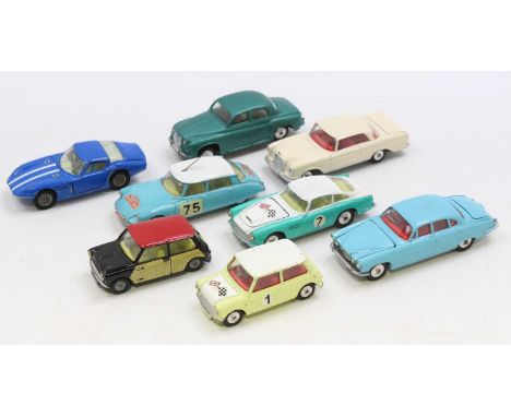 Collection of 8 various loose Corgi Toys to include Morris Competition Racing Mini in yellow, Citroen DS19 Monte Carlo Race C