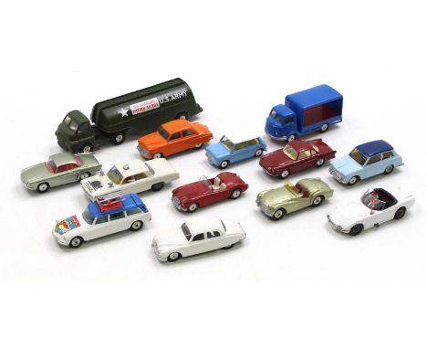 Collection of 13 various repainted Corgi Toys to include Miltary US Army Tanker, Triumph TR3, Vauxhall Velox and others