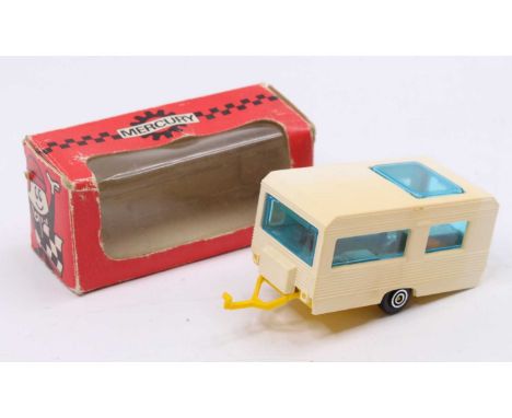 Mercury No.804, Caravan, cream plastic body with blue glazing, housed in the original but worn box (VG-BG) sunfade to one sid