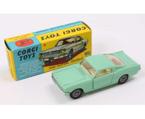 Corgi Toys No. 320 Ford Mustang Fastback 2+2, light green body, cream interior, jewelled headlights with spoked wheels, all c