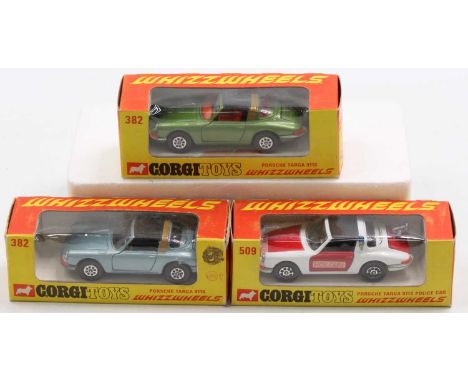 Corgi Toys Whizzwheels boxed model group of 3 comprising No. 509 Porsche Targa Police Car, and 2x No. 382 Porsche Targa 911S,