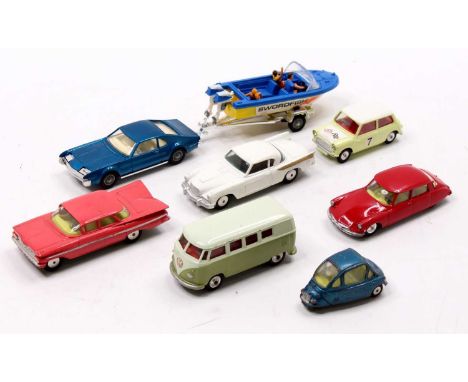 Collection of 8 various loose Corgi Toys to include Oldsmobile Toronado and Swordfish Boat on trailer, Morris Mini Cooper Rac