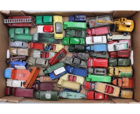 A tray containing a collection of play-worn and repainted Dinky Toys, with examples including No. 39D Buick, No. 39C Lincoln 