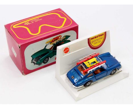 Mebetoys, Mattel, A64, Porsche Ski Car, blue body with brown interior with Ski load, housed in the original box with internal