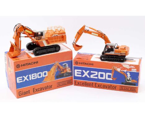 A Japanese mixed scale Hitachi construction vehicle diecast group to include a Landy Hitachi EX200 Excellent Excavator, toget