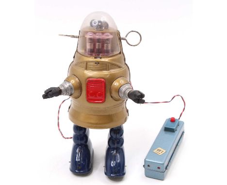 Nomura (TN Toys of Japan) "Remote Control Piston Action Robot", 1960's tinplate robot figure in the rarer colour of gold, wit